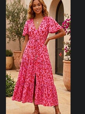 LIKE NEW Petal & Pup Pink & Red Leopard Tiered Maxi Dress